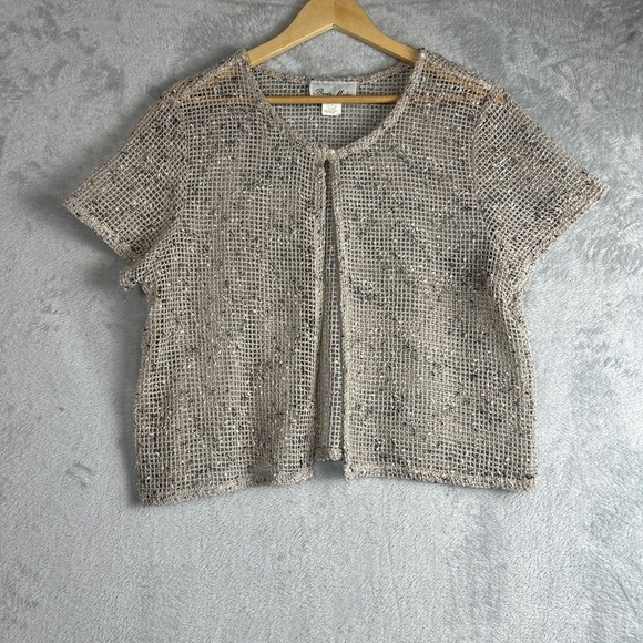Brody Myles Sweaters - Vintage Brody Myles Beige Knit Crochet Short Sleeve Open Front Cardigan Top XL